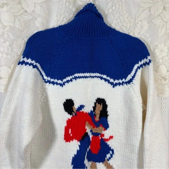 Vintage 70s Cowichan Blue and White Zip-Up Cardigan Music Dancer Size Medium - Picture 4 of 9